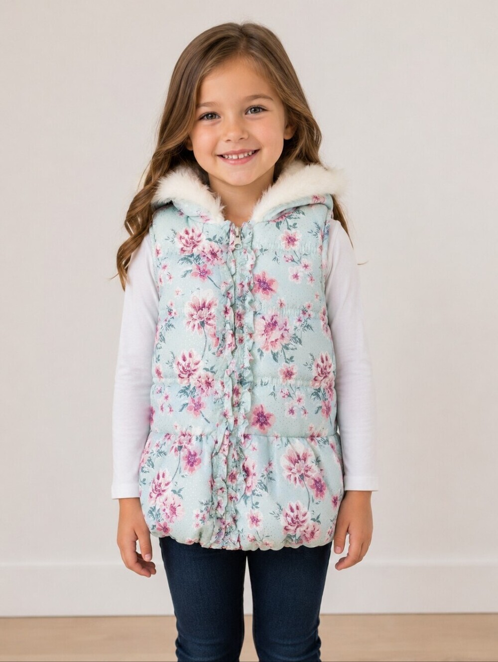 Little Lass Floral Hooded Puffer Vest Girls Size 5